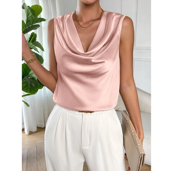 Satin Draped Cowl Neck Sleeveless Blouse Pink - Picture 2 of 7